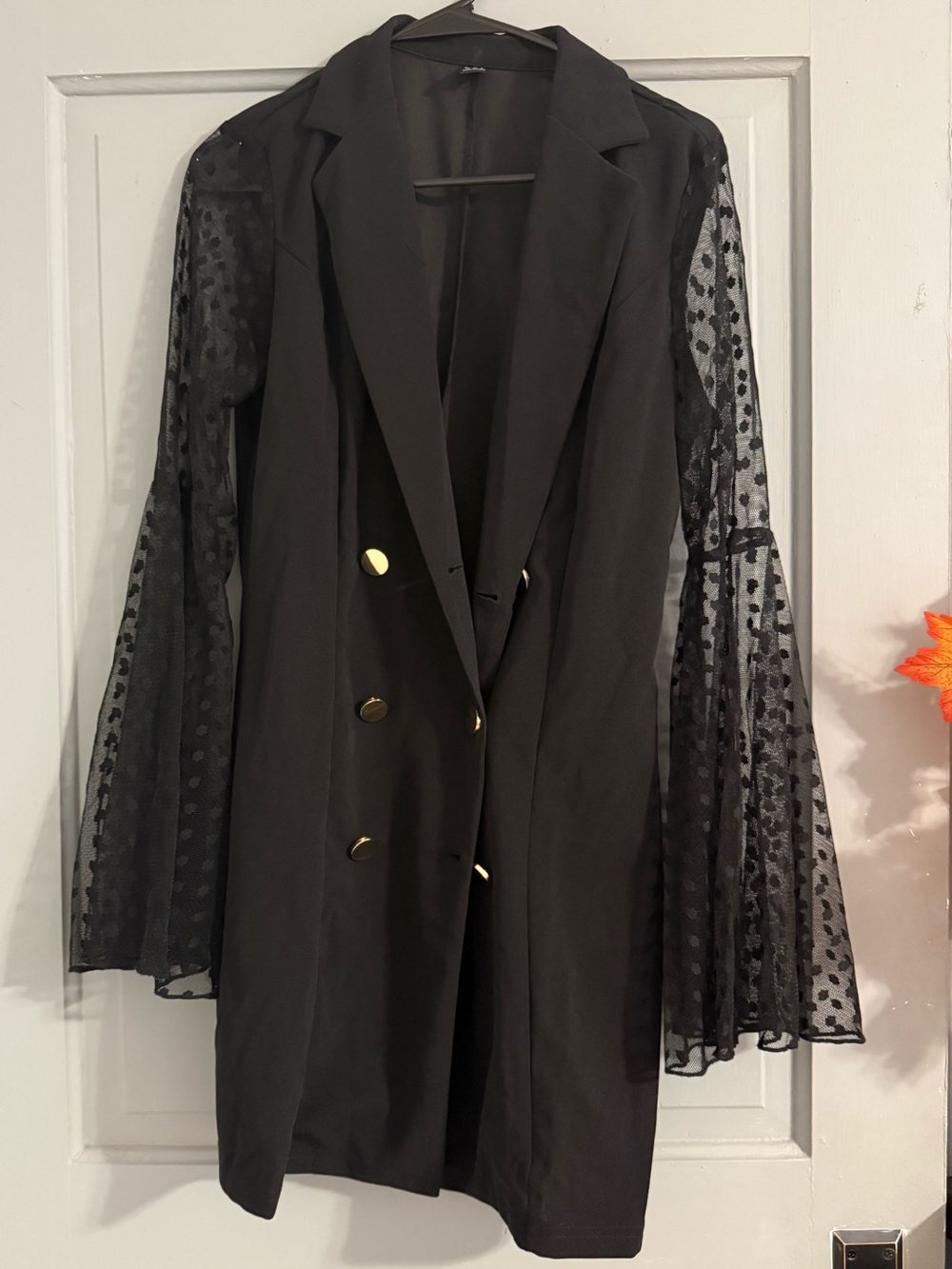Black Double-Breasted Blazer Dress with Sheer Dot Bell Sleeves